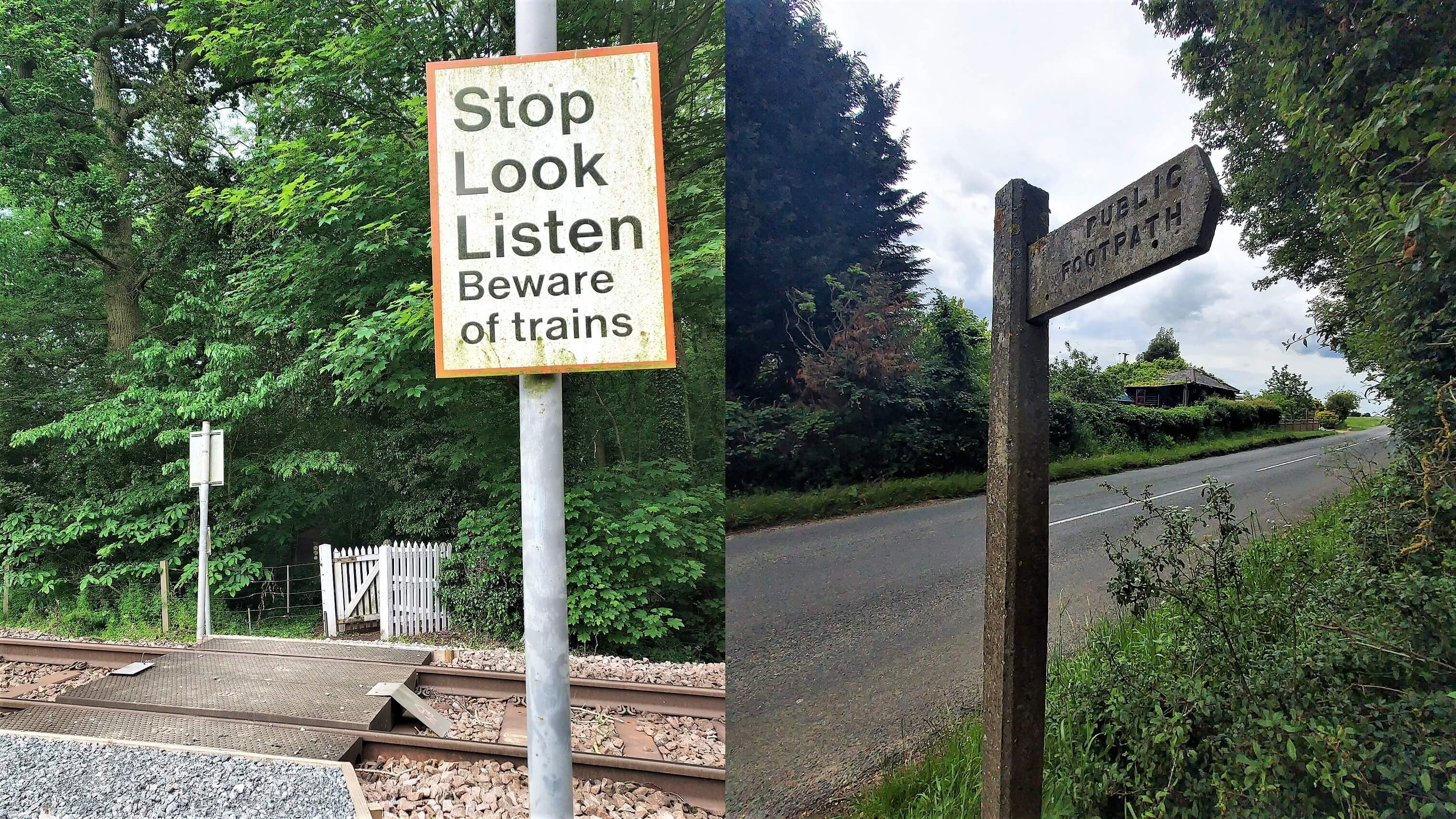 A warning sign at a level crossing that reads 'STOP LOOK LISTEN Beware of Trains' and a grey concrete sign for a public footpath